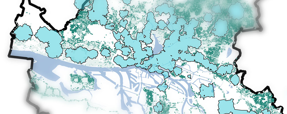 Stilisierte Einzugsgebiete der Schnellbahn-Haltestellen im Stadtgebiet (blau) und der bewohnten Zensuszellen (grün) in Hamburg