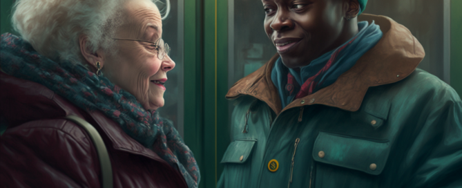 Illustration: Eine weiße ältere Dame und ein schwarzer junger Mann stehen in der U-Bahn. Sie halten ein Ticket in der Hand und lächeln sich an.