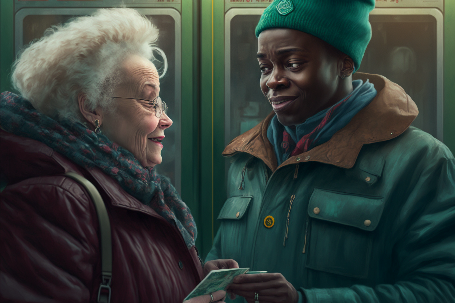Illustration: Eine weiße ältere Dame und ein schwarzer junger Mann stehen in der U-Bahn. Sie halten ein Ticket in der Hand und lächeln sich an.